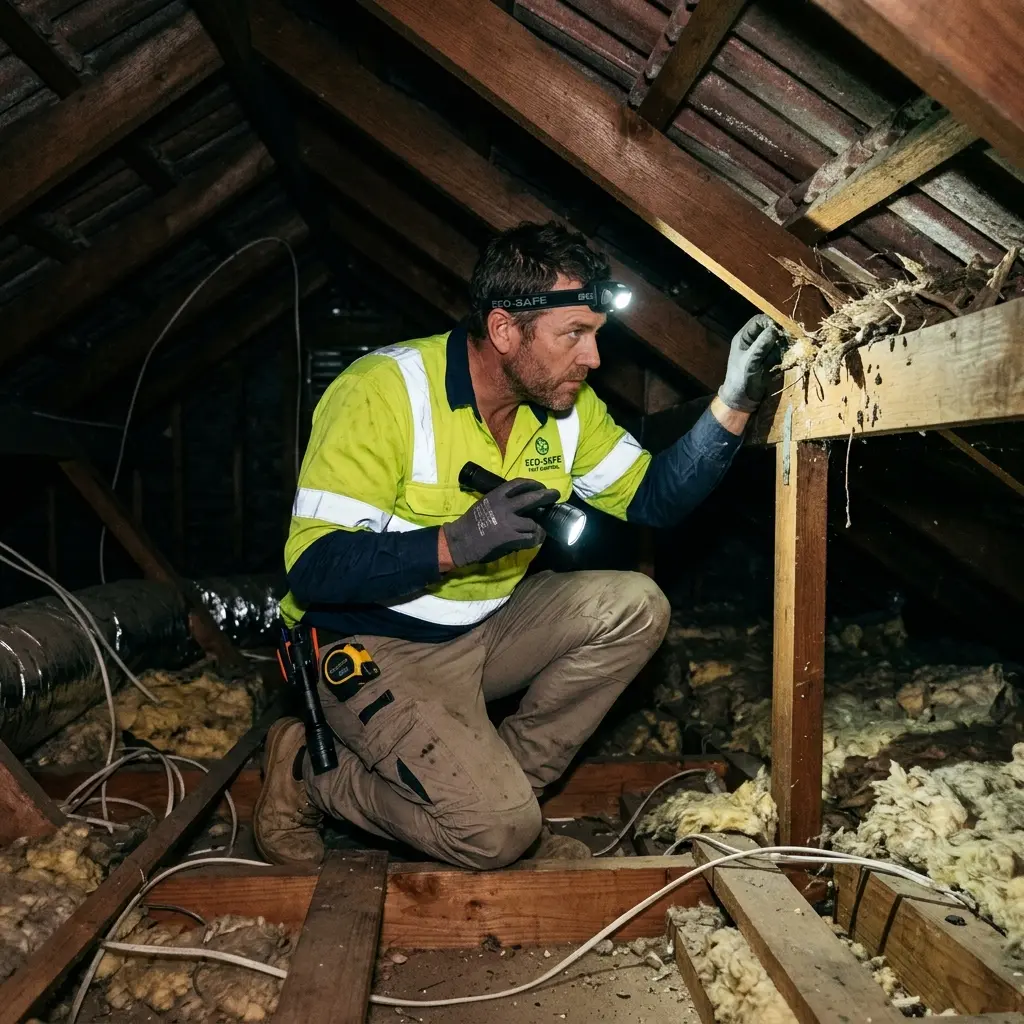 Technician inspecting a roof cavity for a dead animal in Romsey