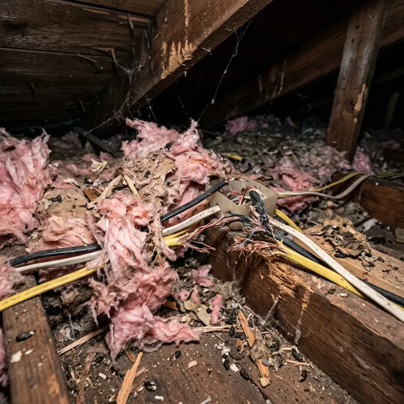 Contaminated ceiling insulation being assessed in a Romsey roof space