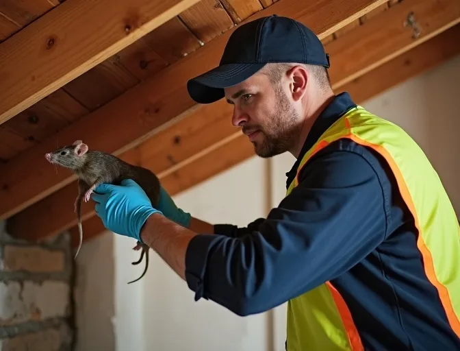 Technician inspecting a roof cavity for a dead rat in Romsey
